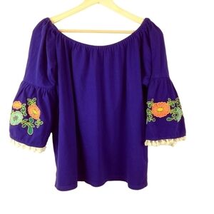 UMGEE M Boho Peasant Top Tassels‎ Flower Stitched Embroidery Blue Bell Sleeves